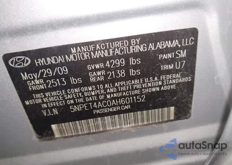 2010 Hyundai Sonata Gls z USA, uszkodzony, nr VIN 5NPET4AC0AH601152